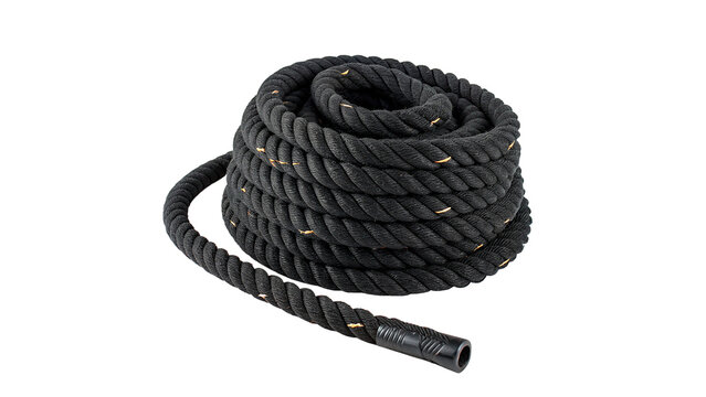 Coiled thick dark grey nylon rope on dark background