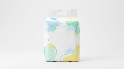 Plakat A generic white diaper package sits upright on a flat white background, representing soft, absorbent hygiene products for young children, nobody, simple, upright