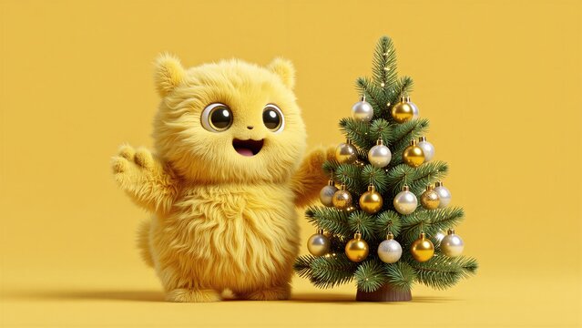 Cute fluffy yellow monster standing next to decorated Christmas tree with golden and silver baubles. Funny furry character celebrating New Year holiday. Happy winter festive greeting card concept
