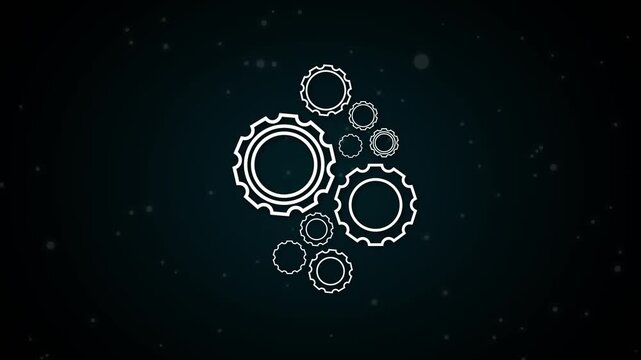 Interlocking gears animation turns mechanical cogs on speckled dark. Industrial factory automation systems drive the gears animation. Smart engineering progress powers interlocking gears.