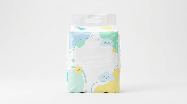A generic white diaper package sits upright on a flat white background, representing soft, absorbent hygiene products for young children, nobody, simple, upright