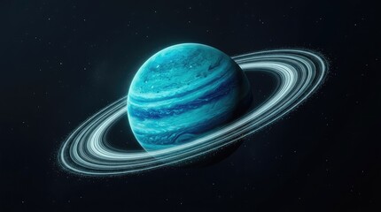 Fototapeta premium A solitary aqua-teal gas giant with ethereal rings orbits against a profound black cosmic background, conveying profound solitude and beauty, starfield, background, vast