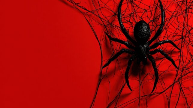 Close-up of large black spider hanging on detailed web with red background for Halloween or creepy concept