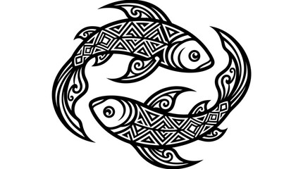 Obraz premium Tribal style illustration of two fish swimming in a circular formation with tribal pattern marine life vector art