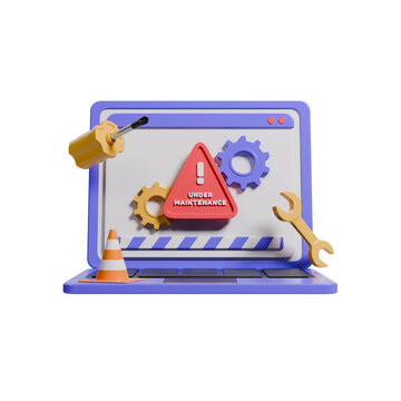 Perspective Front View Laptop with Under Maintenance Warning Sign, Gears, Cone, and Tools 3D Render Illustration