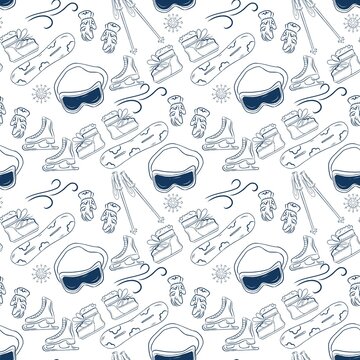 Winter sports and activity doodle seamless pattern with ski goggles, snowboard, ice skates, snow tubing, and mittens line art vector background
