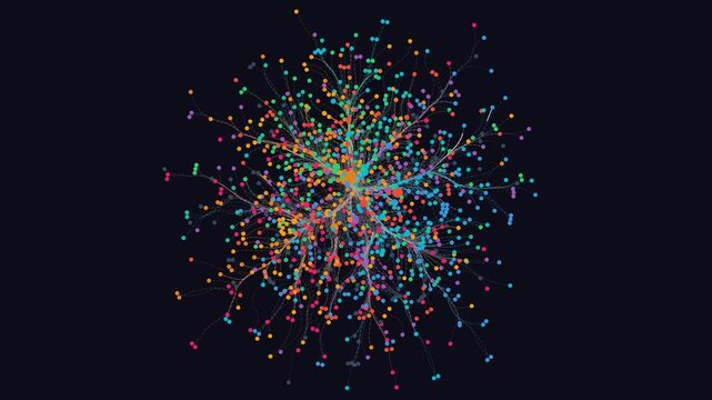 Abstract neural network cluster with glowing data signals traveling along connections, neurons processing complex information traffic