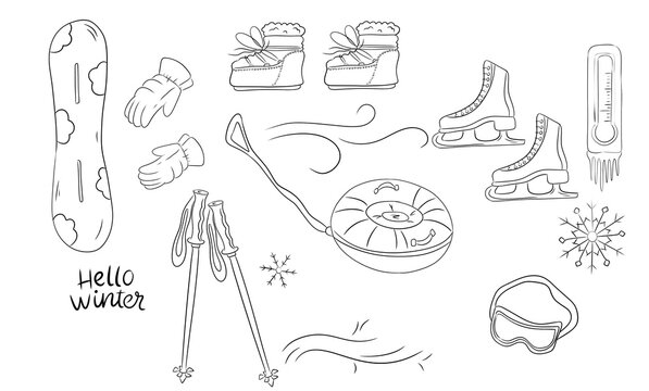 Winter sports equipment and cold weather doodle set with ski goggles, snowboard, ice skates, snow tubing, mittens, and ski poles line art vector illustration