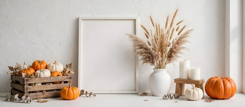 Mockup of a picture frame alongside a wooden crate filled with ornamental pumpkins, a vase containing dried wheat, all placed on a white table within a Nordic-style room
