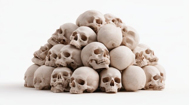 Pyramid formation of beige human skulls stacked in symmetrical arrangement on plain white background with empty eye sockets