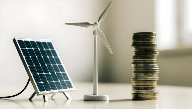 Solar Panel Wind Turbine and Coin Stack Representing Renewable Energy Investment