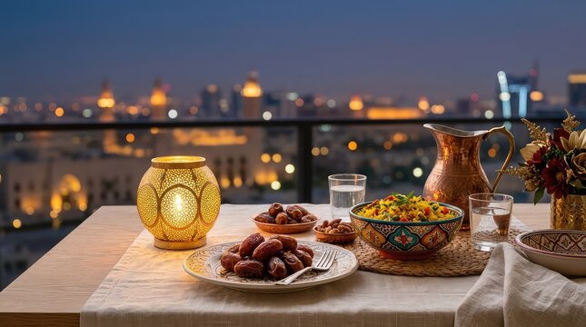 An elegant arranged iftar table is set at dusk, featuring plates of fresh dates, vibrant dishes, and decorative lanterns under warm light, evening, arabian, glass