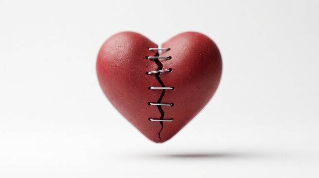 Red cracked heart stitched together with metal staples floats on white background symbolizing emotional repair and resilience