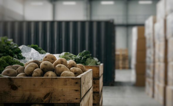 Fresh Potatoes and Vegetables in Wooden Crates Stored inside Logistics Food Warehouse