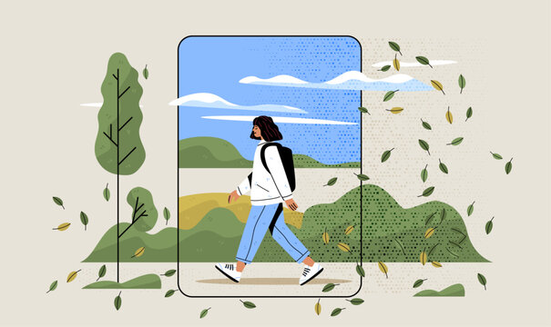 Nature break and attention restoration digital detox concept person walking outdoors leaves trees landscape phone screen transition