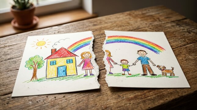 A torn child drawing of a family home and parents symbolizes the emotional pain of divorce, resting on a rustic wooden table next to a window with a potted plant