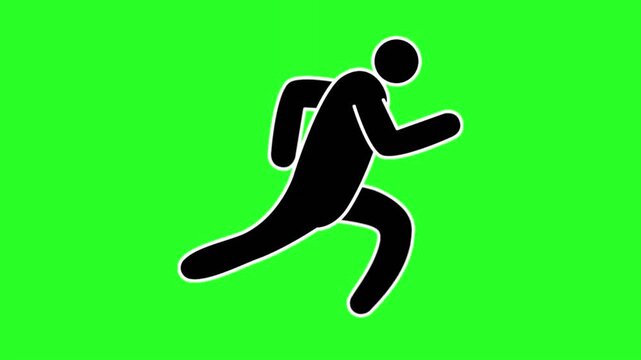 Black Running Man Pictogram Stick Figure Icon with White Outline Isolated on Green Screen Chroma Key Background Fitness Motion Concept