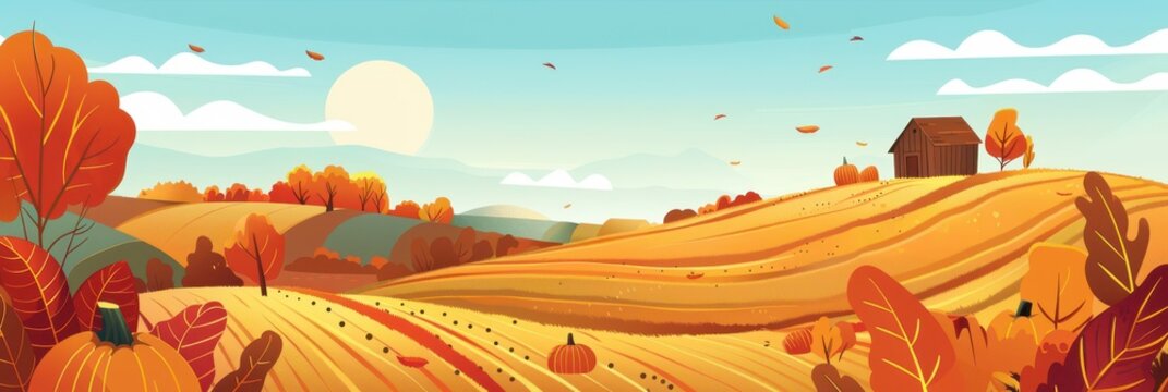 Autumn harvest rolling hills landscape with pumpkins and farmhouse for thanksgiving banner and background design. Flat illustration. Copy space