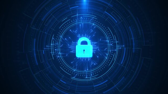 Glowing blue padlock circular interface as circuit paths technology background. cybersecurity, data protection, encryption, privacy, password safety, network defense and secure access presentations.