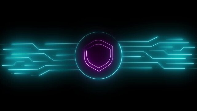 Shield icon animation pulses over an active digital circuit board. Data privacy protection clears through this modern shield icon. Encrypted cybersecurity systems guard with the shield icon.