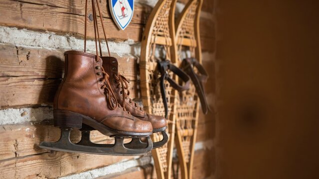 Vintage leather ice skates and wooden snowshoes hanging on a log wall