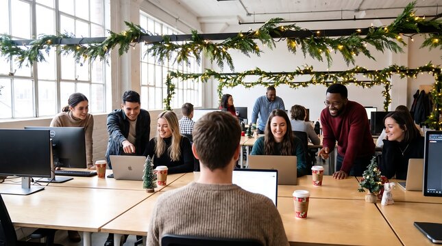 A diverse group of office workers collaborating together at a large wooden desk decorated with christmas garlands and small festive trees