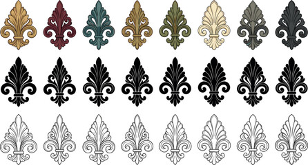 Vintage fleur de lis vector set with antique medieval ornaments heraldic lily emblems silhouettes and detailed line art elements. © AFSANA AKTER