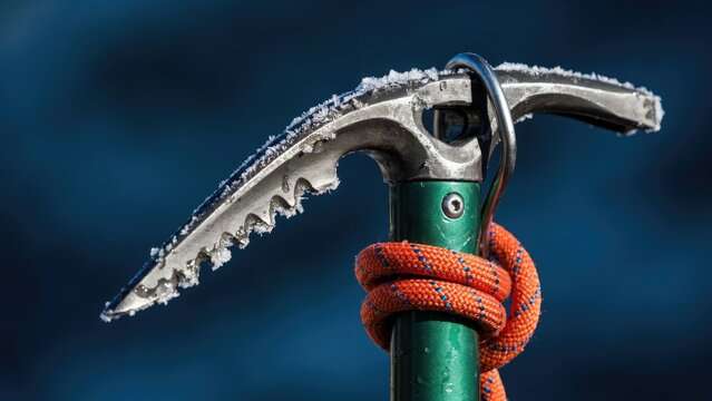 Frost-covered ice axe with orange climbing rope against blue background