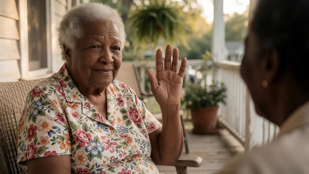 A joyful elderly African American woman sits on her porch, happily waving to a friend. Her warm smile embodies a relaxed senior lifestyle