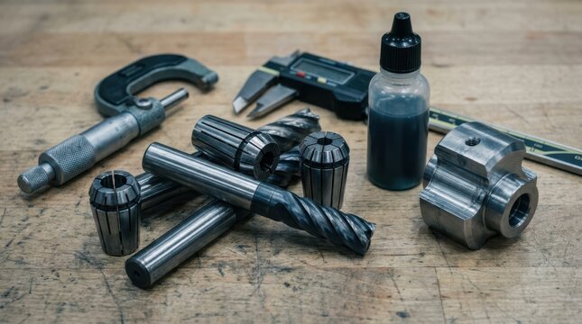 Precision machining tools including end mills, collets, micrometer and calipers arranged with a machined steel part