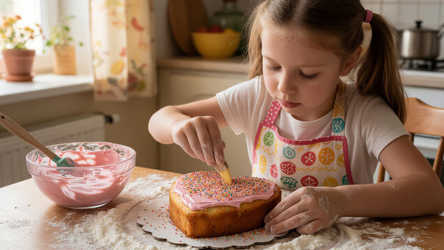 Joyful child decorates a heart-shaped cake with colorful sprinkles and pink frosting in a bright kitchen. Captures home baking and childhood joy
