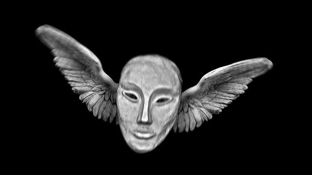 A strange, eerie flying mask with bird-like wings, animated in a handmade stop-motion puppet style. 