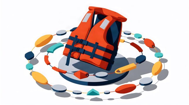 Angled orange buoyancy vest on platform ringed by small colored tokens
