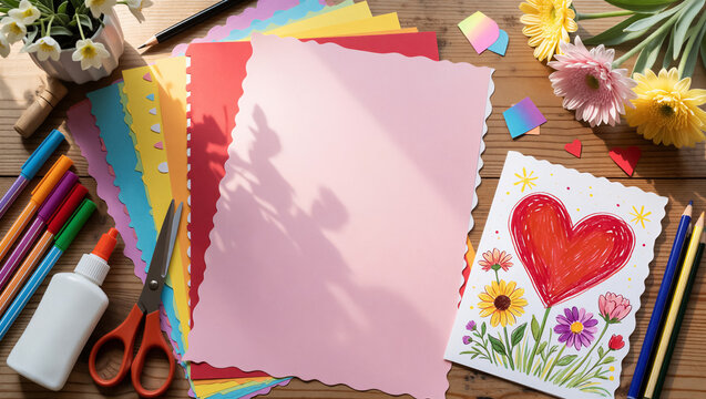Flat lay of a craft table with colorful paper and art supply. A handmade heart card sits beside blank pink paper with copy space for a greeting message