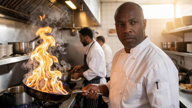 Professional chef cooking with flame in a commercial kitchen. Male cook holding a flambe pan while staff works in the background