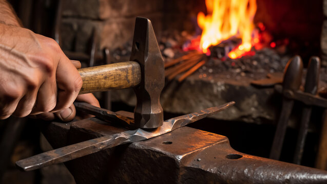 Close-up of a blacksmith striking hot iron on an anvil in a workshop. A bright fire glows in the forge background during the traditional metalwork process