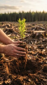 Hands planting a young green tree sapling in the forest ground at sunset