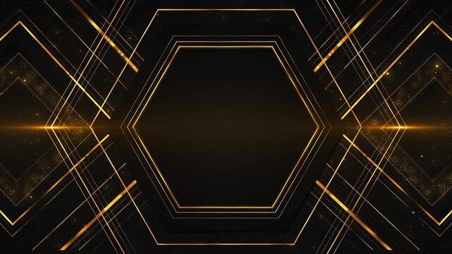 Elegant golden hexagon frames central copy space lines, particles flares rich, premium black backdrop. luxury branding, award title, product reveals, gala events, invitations cinematic presentation.