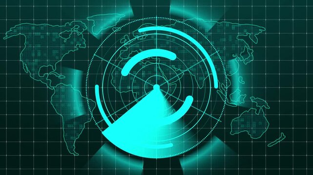 Radar screen animation overlays a pixelated global map on dark. Surveillance tracking coordinates route on the radar screen. Modern target telemetry systems power this radar screen.