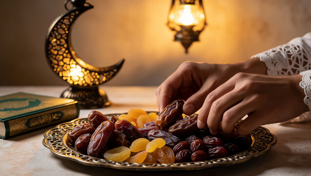 Close-up of a hand taking a date fruit from a golden platter during Ramadan. A holy Quran and glowing crescent lantern sit in the warm background