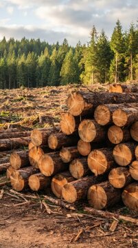 Stack of freshly cut pine logs in a deforested forest landscape