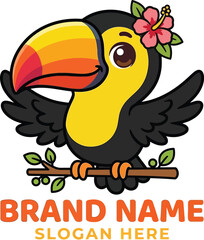 Fototapeta premium Cute Cartoon Toucan Bird Mascot Logo Character Wearing a Tropical Flower on a Branch Vector Illustration Isolated White