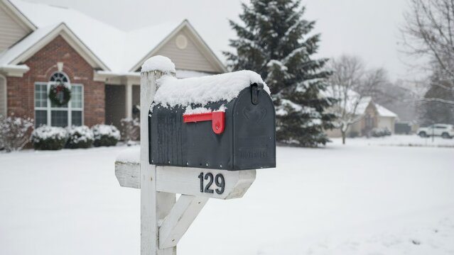Black metal mailbox with red flag covered in snow, number 129