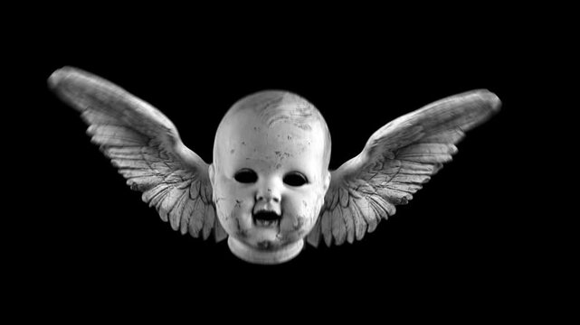 A strange, eerie flying doll head with bird-like wings, animated in a handmade stop-motion puppet style. 