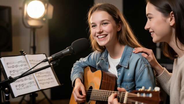 Young woman playing acoustic guitar and singing in a recording studio. A supportive friend smiles during this creative music session and lesson