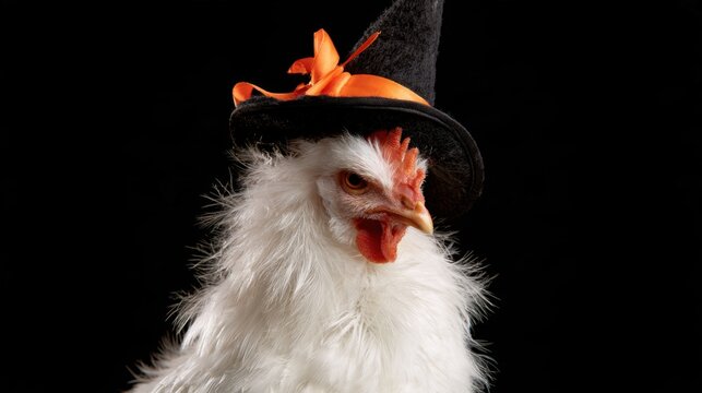 Close-up of white chicken wearing black witch hat with orange ribbon facing right on black background detailed feather texture