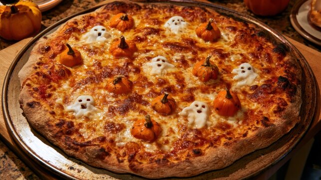 Halloween themed pizza with mini pumpkin shaped cheese and ghost shaped cheese toppings on golden baked crust in festive setting