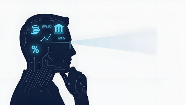 Financial intelligence and business vision concept with glowing digital icons in a persons head silhouette, representing economic analysis, smart investment, and future strategy