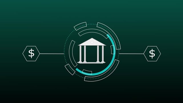 Bank icon animation displays currency signs and circular HUD rings. Financial investment revenue analytics track on the bank icon. Commercial monetary banking services guide this bank icon.