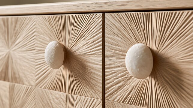 Close up of a modern wooden cabinet with textured sunburst pattern and round white knobs.